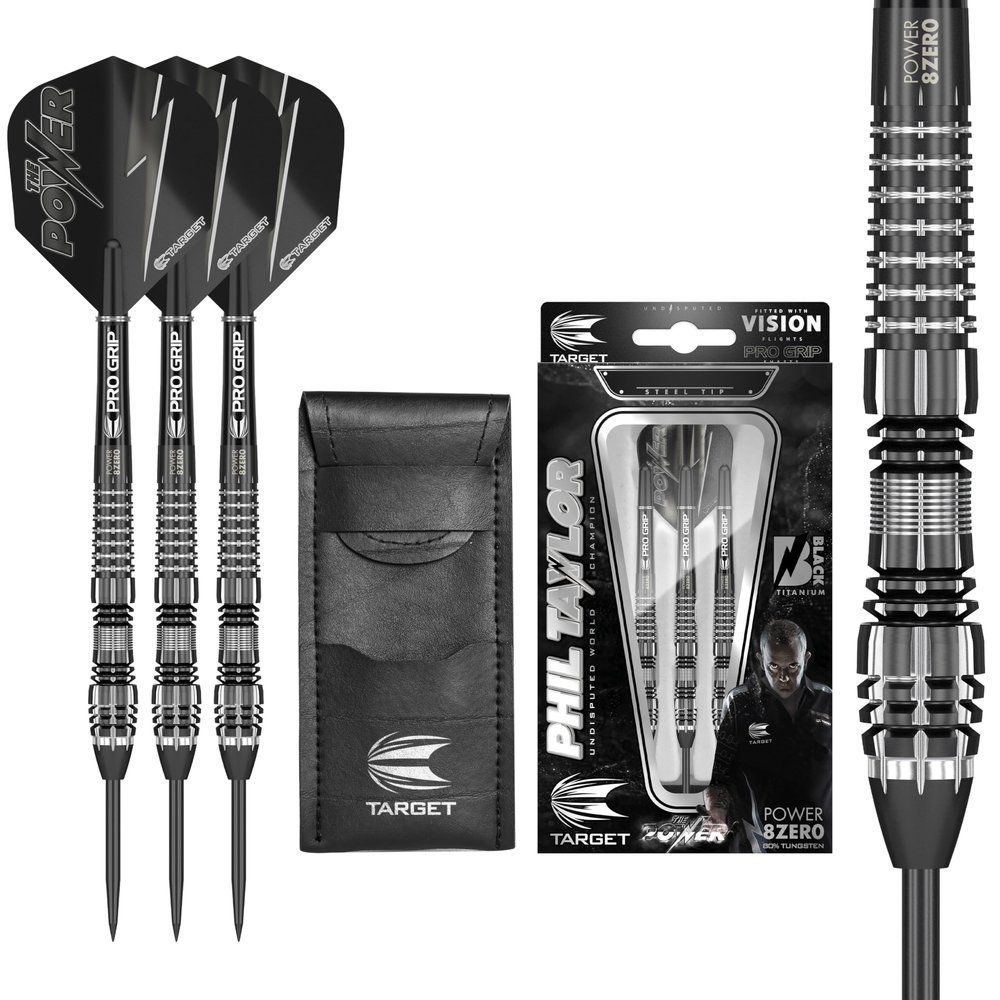 Target Darts Phil Taylor Power 8-Zero 4 Black Steel Tip Darts, 80% Tungsten Dart Set, P8Z4, 21G | Player Edition Darts with Fixed Points | Black Darts Case Included