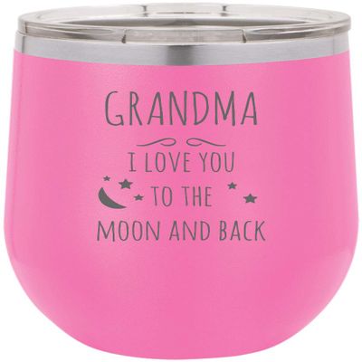 Grandma - I Love you to the moon and back Stainless Steel Engraved Insulated 12 oz Double-Walled Wine Tumbler with Clear Plastic Lid, Pink