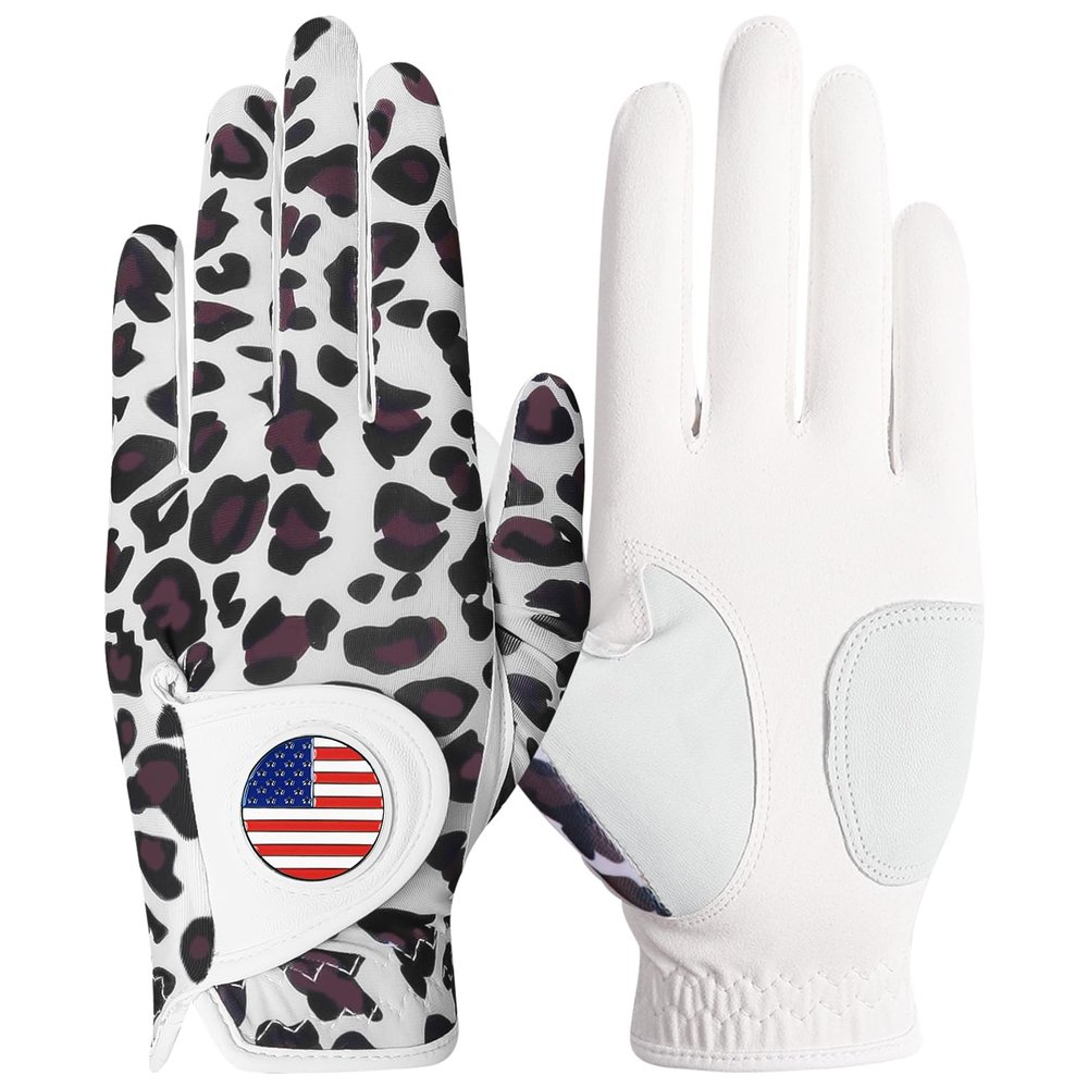 Amy Sport Womens Golf Glove with Ball Marker Rain Left Right Hand Leather Printed Ladies Golf Gloves All Weather Grip Breathable Soft Size S Me L XL (Leopard, Medium-Worn on Left Hand)