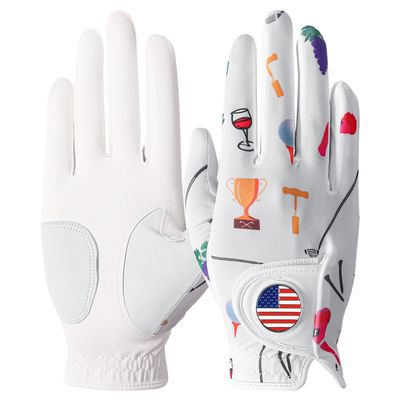 Amy Sport Women's Golf Gloves Left Right Hand with Ball Marker Rain Grip Leather Pack, Ladies Golf Glove All Weather Breathable Soft Size Small Medium Large XL (Wine&Golf, Small-Worn on Right Hand)