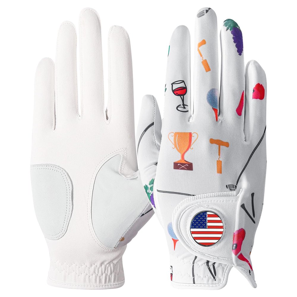 Amy Sport Women's Golf Gloves Left Right Hand with Ball Marker Rain Grip Leather Pack, Ladies Golf Glove All Weather Breathable Soft Size Small Medium Large XL (Wine&Golf, Small-Worn on Right Hand)