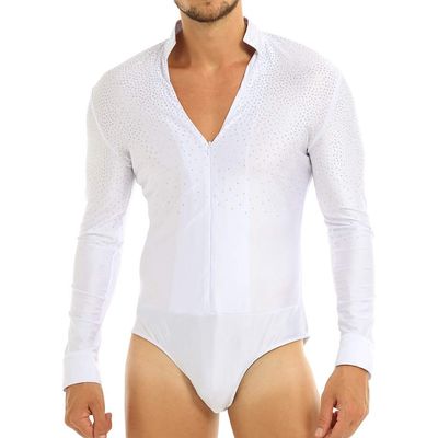 dPois Men's Sequins V Neck Dance Shirts Unitard Ballroom Modern Latin Long Sleeve Dancewear White Large