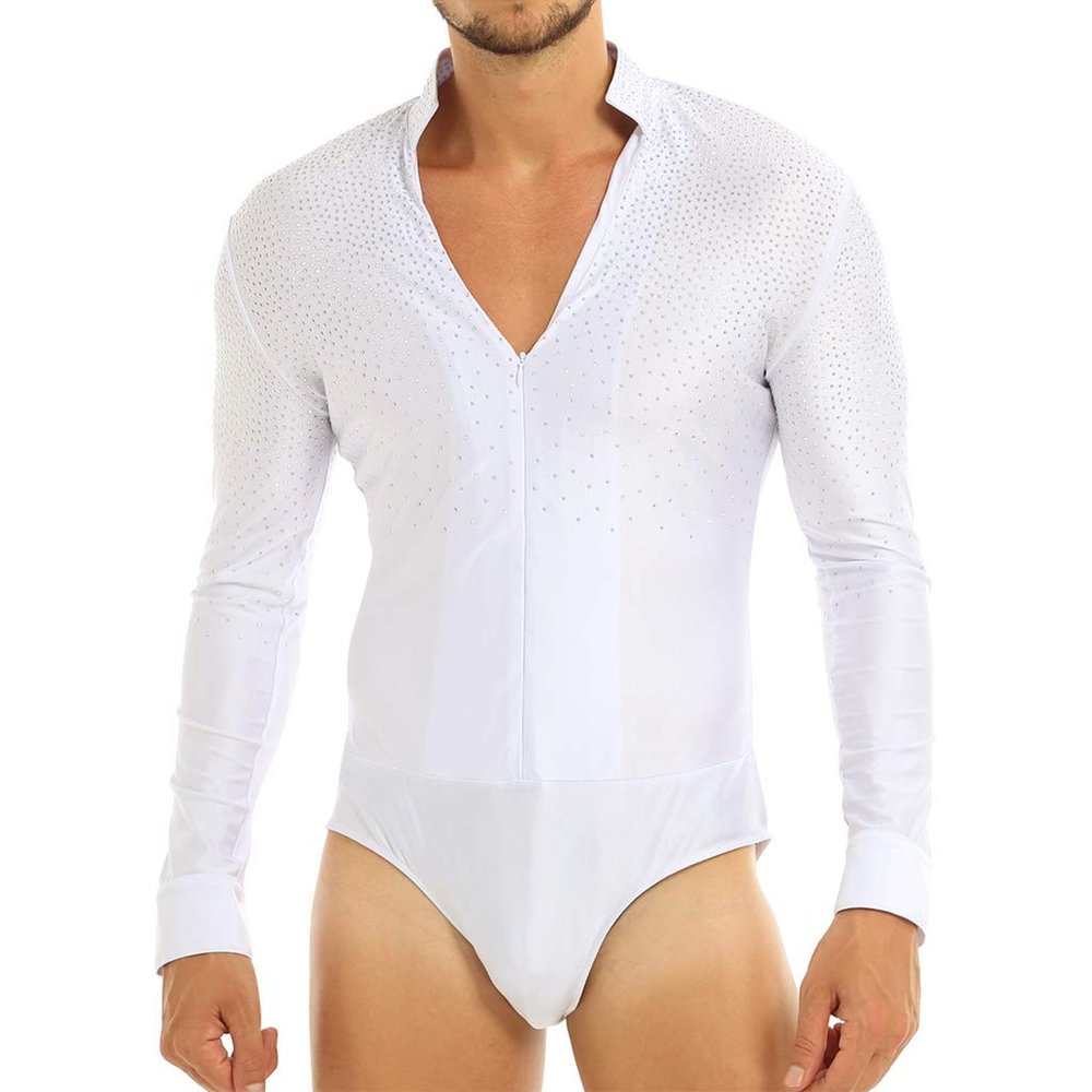 dPois Men's Sequins V Neck Dance Shirts Unitard Ballroom Modern Latin Long Sleeve Dancewear White Large
