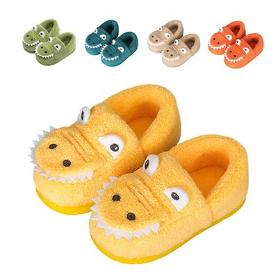 JACKSHIBO Girls Boys Home Slippers Warm Dinosaur House Slippers For Toddler Fur Lined Winter Indoor shoes Yello 7-8 Toddler