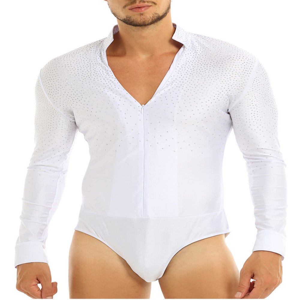 TiaoBug Men's Long Sleeve Shiny Rhinestones Unitard Ballroom Modern Latin Dance Shirt Bodysuit Leotard Tops White X-Large