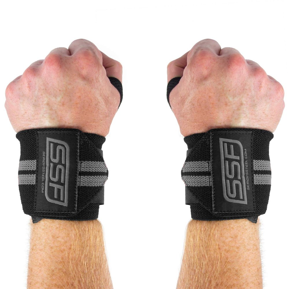 SERIOUS STEEL FITNESS Weightlifting & Powerlifting Wrist Support w/Thumb Loop | Sold as Pair! (Black/Gray Line, 18")