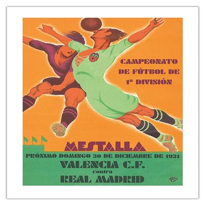Spanish Soccer Championship - Valencia vs Real Madrid Spain - Mestalla Stadium - Vintage Sports Poster by Formo c.1931 - Bamboo Fine Art 290gsm Paper Print (Unframed) 18x24in