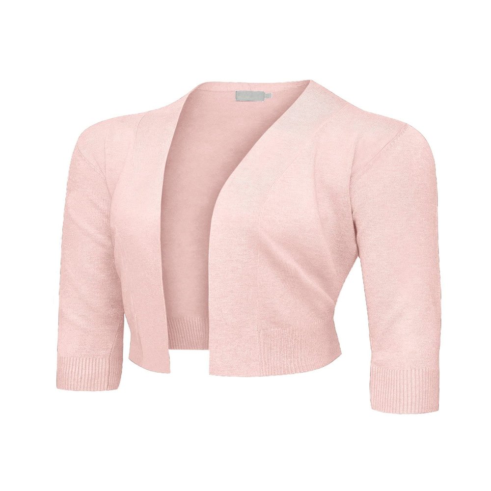 Women's Classic 3/4 Sleeve Open Front Lightweight Cropped Cardigans Sweaters (S-XL) WCD001 - Dust Pink - Small - A1A