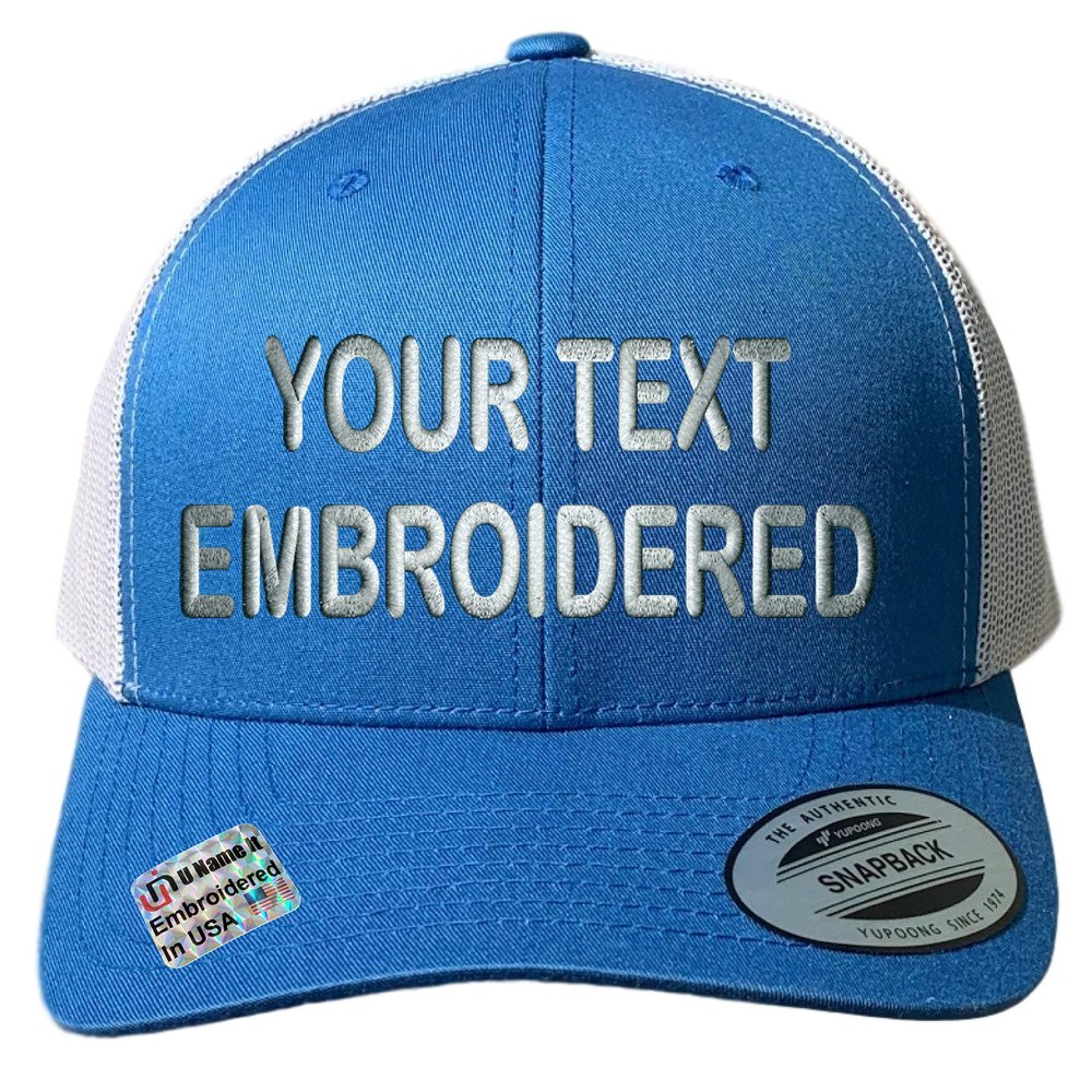 Custom Trucker Hat YP 6606 Embroidered Your Own Text Curved Bill Snapback (Steel Blue/Silver)