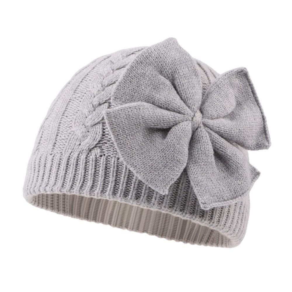 JANGANNSA Winter Warm Knitted Baby Hat for Girls Cotton Lined Infant Toddler Hat Autumn Cute Bow Classic Girls Beanie 0-6Y (Gray, L)