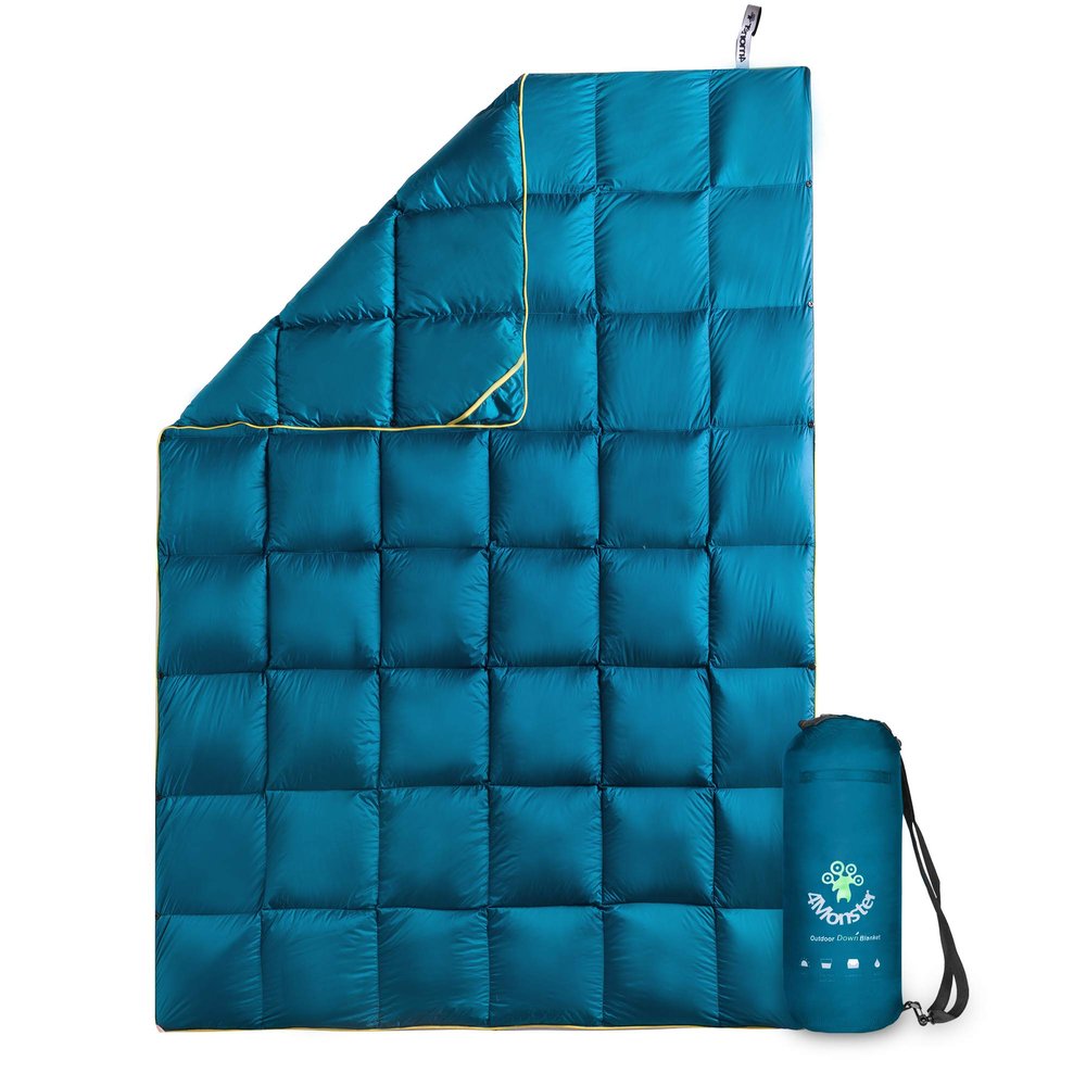 4Monster Outdoor Down Blankets Camping Blanket 650 Fill Travel Down Quilt Compact Waterproof for Picnics, Beach Trips, Camping and Backpacking (Grid-Green, 88 * 84")