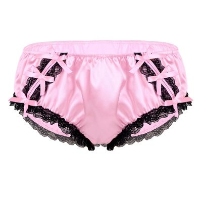 vastwit Silky Satin Ruffled Lace Trim Panties for Men Sissy Knickers French Maid Crossdressing Underwear Pink Medium