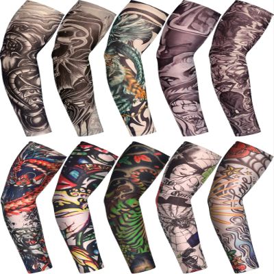 Boao 20 Pcs Men's Cooling Arm Sleeves Long Fingerless Arm Cover Anti Slip UV Protection Sun Temporary Tattoo Sleeves (Novelty Style,Bright Colors,Medium)