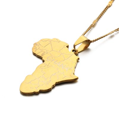 Africa Map with Ghana Pendant Necklaces Jewelry for Women Men Trendy African Maps Charm Jewellery (Gold)