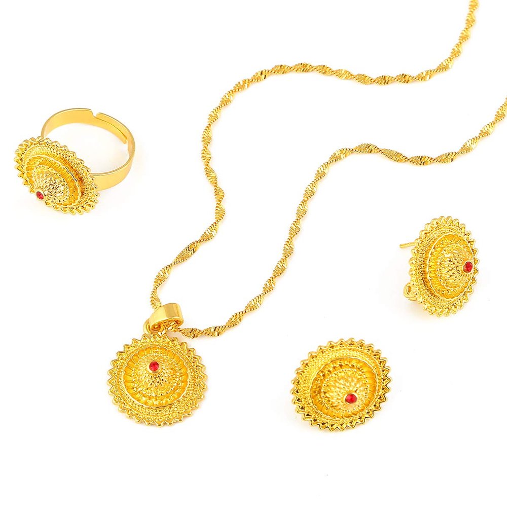 Flower Jewelry Set Ethiopian Gold Jewelry Sets Earrings Pendant Ring with Stone African Habesha Nigeria Jewelry