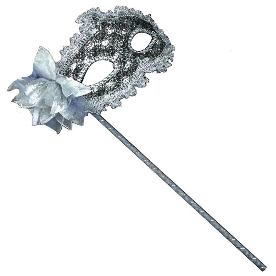 AZYOUNG Women's Masquerade Masks Side Feather Flower Petal Hand Held Lace Mask with Stick,(Gray)