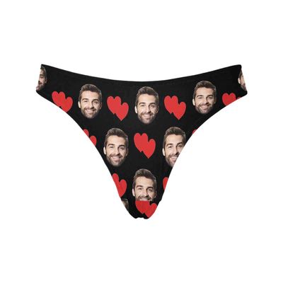 Custom Personalized Photo Printed Face Red Love Heart Black Novelty Women's Thong G-Strings Briefs Shorts M