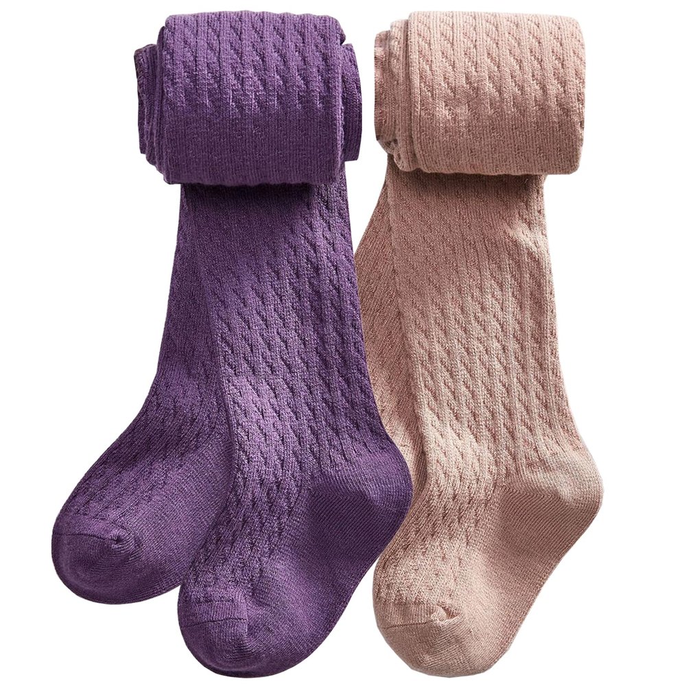 CHUNG Toddlers Little Girls Autumn Winter Cotton Footed Tights Stretchy Soft School Leggings Stockings,2pk-Ppl+Dusty Pink,3-4Y