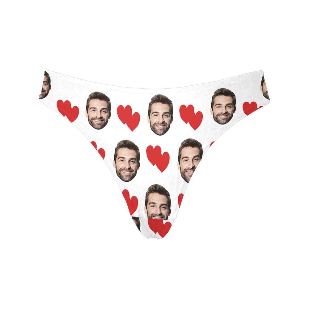 Custom Women's Funny Face Novelty Shorts Briefs Thong G-Strings Red Love Heart White Printed with Photo XL