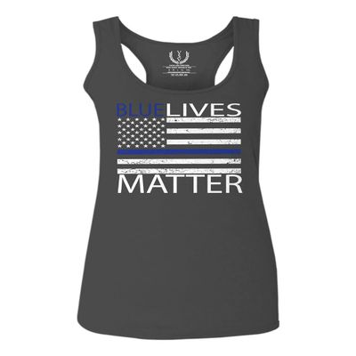0181. Blue Lives Matter American Flag Thin Blue Line USA Police Support Patriotic Style Women's Tank Top Racerback (Characol Small)