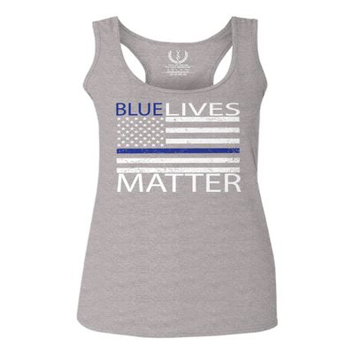 0181. Blue Lives Matter American Flag Thin Blue Line USA Police Support Patriotic Style Women's Tank Top Racerback (Light Gray Medium)