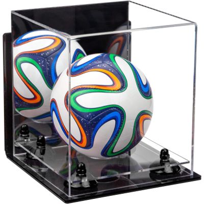 Better Display Cases Acrylic Mini - Miniature (not Full Size) Soccer Ball Display Case with Mirror Case, Black Risers, Wall Mount and Clear Base (B03/A015)