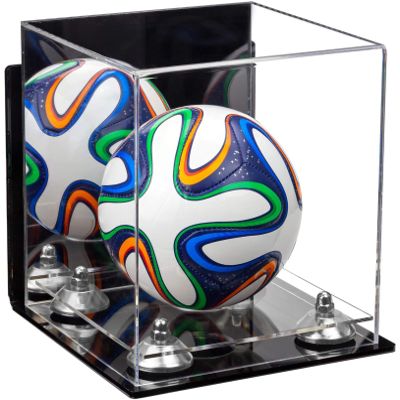 Better Display Cases Acrylic Mini - Miniature (not Full Size) Soccer Ball Display Case with Mirror Case, Silver Risers, Wall Mount and Clear Base (B03/A015)