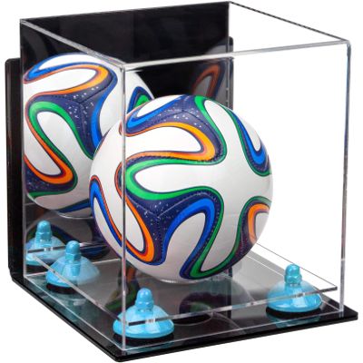 Better Display Cases Acrylic Mini - Miniature (not Full Size) Soccer Ball Display Case with Mirror Case, Light Blue Risers, Wall Mount and Clear Base (B03/A015)