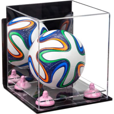 Better Display Cases Acrylic Mini - Miniature (not Full Size) Soccer Ball Display Case with Mirror Case, Pink Risers, Wall Mount and Clear Base (B03/A015)