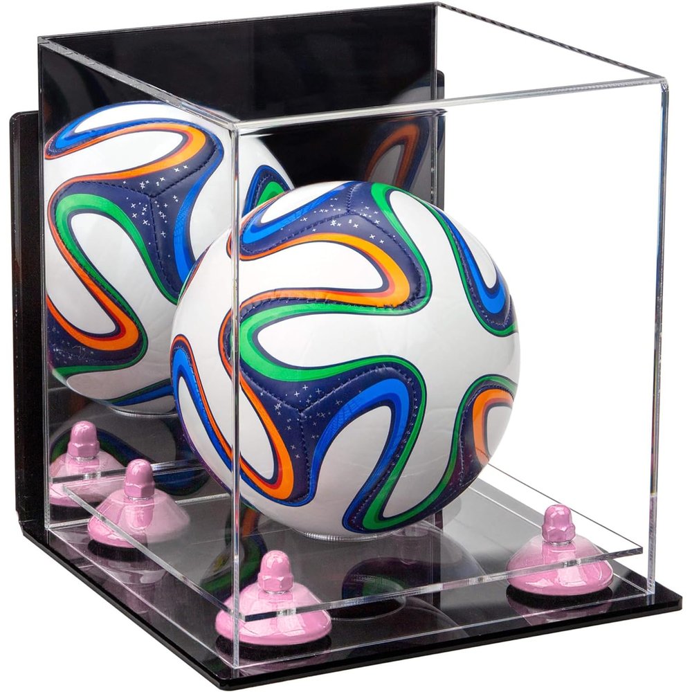 Better Display Cases Acrylic Mini - Miniature (not Full Size) Soccer Ball Display Case with Mirror Case, Pink Risers, Wall Mount and Clear Base (B03/A015)