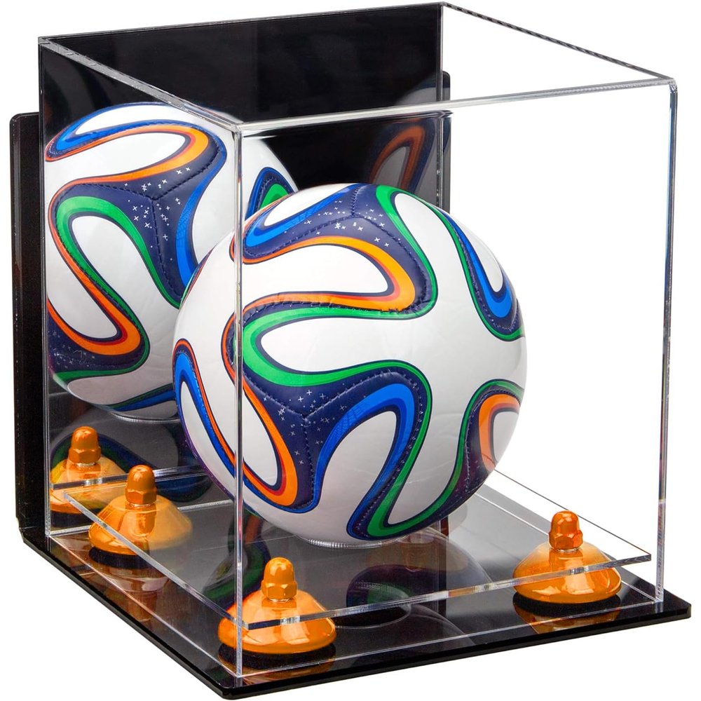 Better Display Cases Acrylic Mini - Miniature (not Full Size) Soccer Ball Display Case with Mirror Case, Orange Risers, Clear Base and Wall Mount (A015-OR)