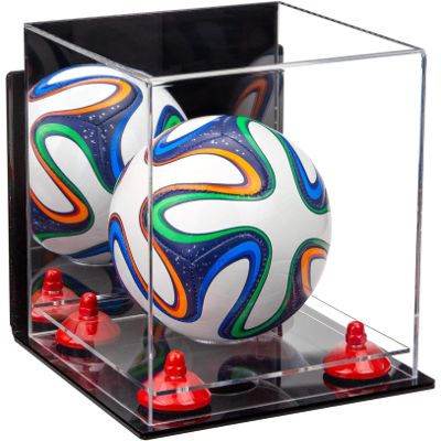 Better Display Cases Acrylic Mini - Miniature (not Full Size) Soccer Ball Display Case with Mirror Case, Red Risers, Wall Mount and Clear Base (B03/A015)