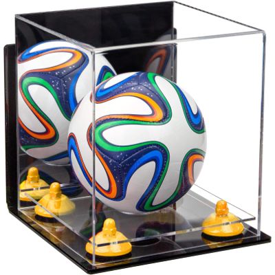 Better Display Cases Acrylic Mini - Miniature (not Full Size) Soccer Ball Display Case with Mirror Case, Yellow Risers, Wall Mount and Clear Base (B03/A015)