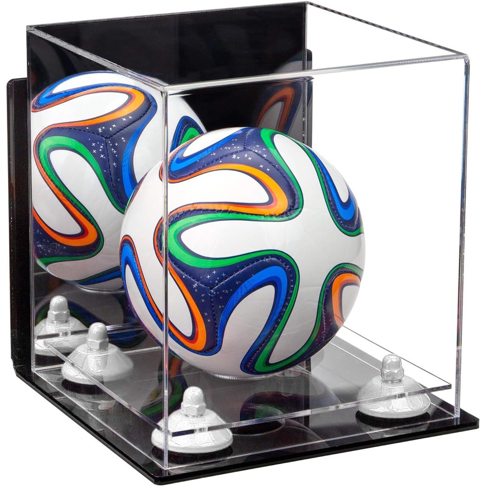 Better Display Cases Acrylic Mini - Miniature (not Full Size) Soccer Ball Display Case with Mirror Case, White Risers, Wall Mount and Clear Base (B03/A015)