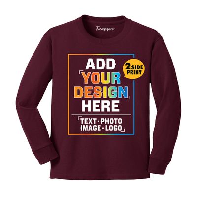 Custom Youth Long Sleeve Shirt Add Your Own Image Photo Text Front Back Side Maroon