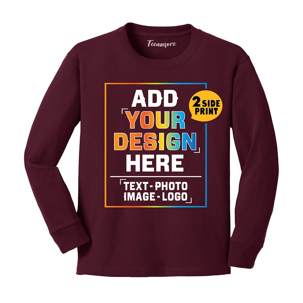 Custom Youth Long Sleeve Shirt Add Your Own Image Photo Text Front Back Side Maroon
