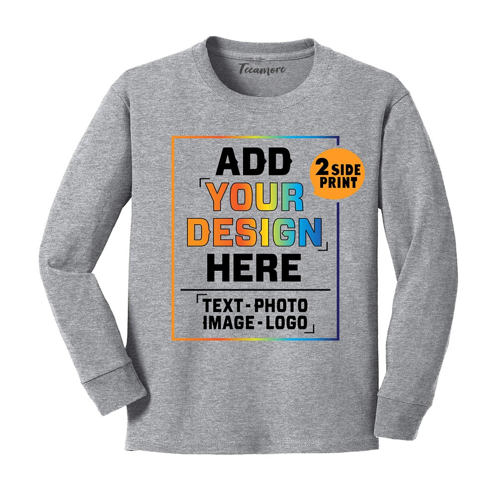 Custom Youth Long Sleeve Shirt Add Your Own Image Photo Text Front Back Side Athletic Heather