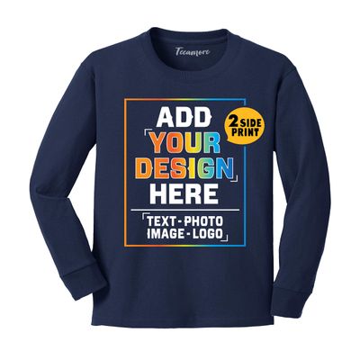 Custom Youth Long Sleeve Shirt Add Your Own Image Photo Text Front Back Side Navy