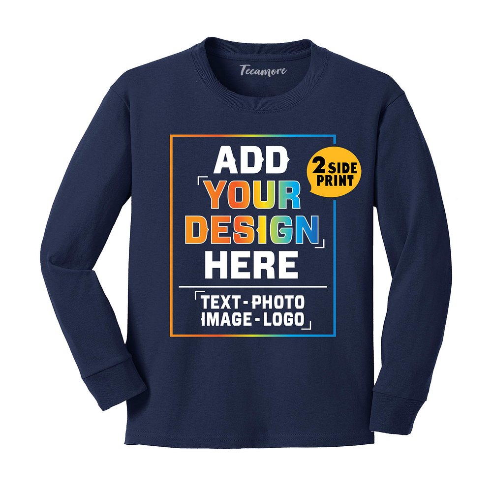 Custom Youth Long Sleeve Shirt Add Your Own Image Photo Text Front Back Side Navy