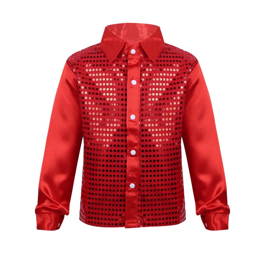 JEATHA Kids Boys Shiny Sequins Lapel Long Sleeve Hip Hop Jazz Latin Dance Shirts Stage Performance Costume Red 4-5