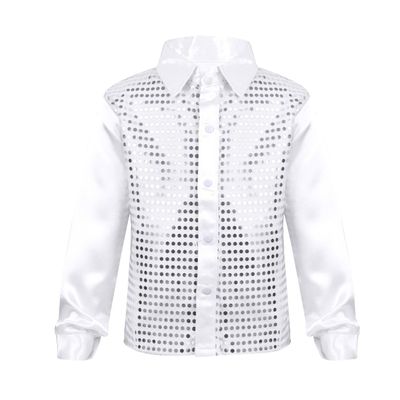 JEATHA Kids Boys Shiny Sequins Lapel Long Sleeve Hip Hop Jazz Latin Dance Shirts Stage Performance Costume White 5-6