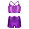 renvena Kids Girls Two Piece Sports Outfits Spaghetti Shoulder Straps Shiny Sequins Tops with Bottoms Set Purple 12-14 view 1