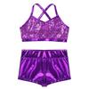 renvena Kids Girls Two Piece Sports Outfits Spaghetti Shoulder Straps Shiny Sequins Tops with Bottoms Set Purple 12-14 view 3