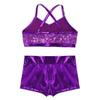renvena Kids Girls Two Piece Sports Outfits Spaghetti Shoulder Straps Shiny Sequins Tops with Bottoms Set Purple 12-14 view 4