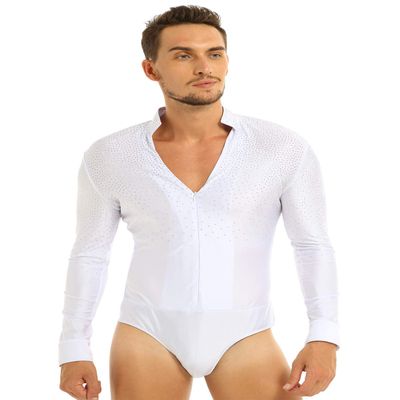 FEESHOW Men's Dance Shiny Rhinestones Bodysuit Shirt Ballroom Salsa Samba Latin Tops Leotard White X-Large