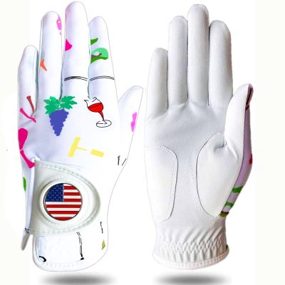 Amy Sport Womens Golf Glove with Ball Marker Left Right Hand Ladies Golf Gloves All Weather Grip Breathable Size XS S M L XL (Wine&Golf, Medium-Worn on Right Hand)