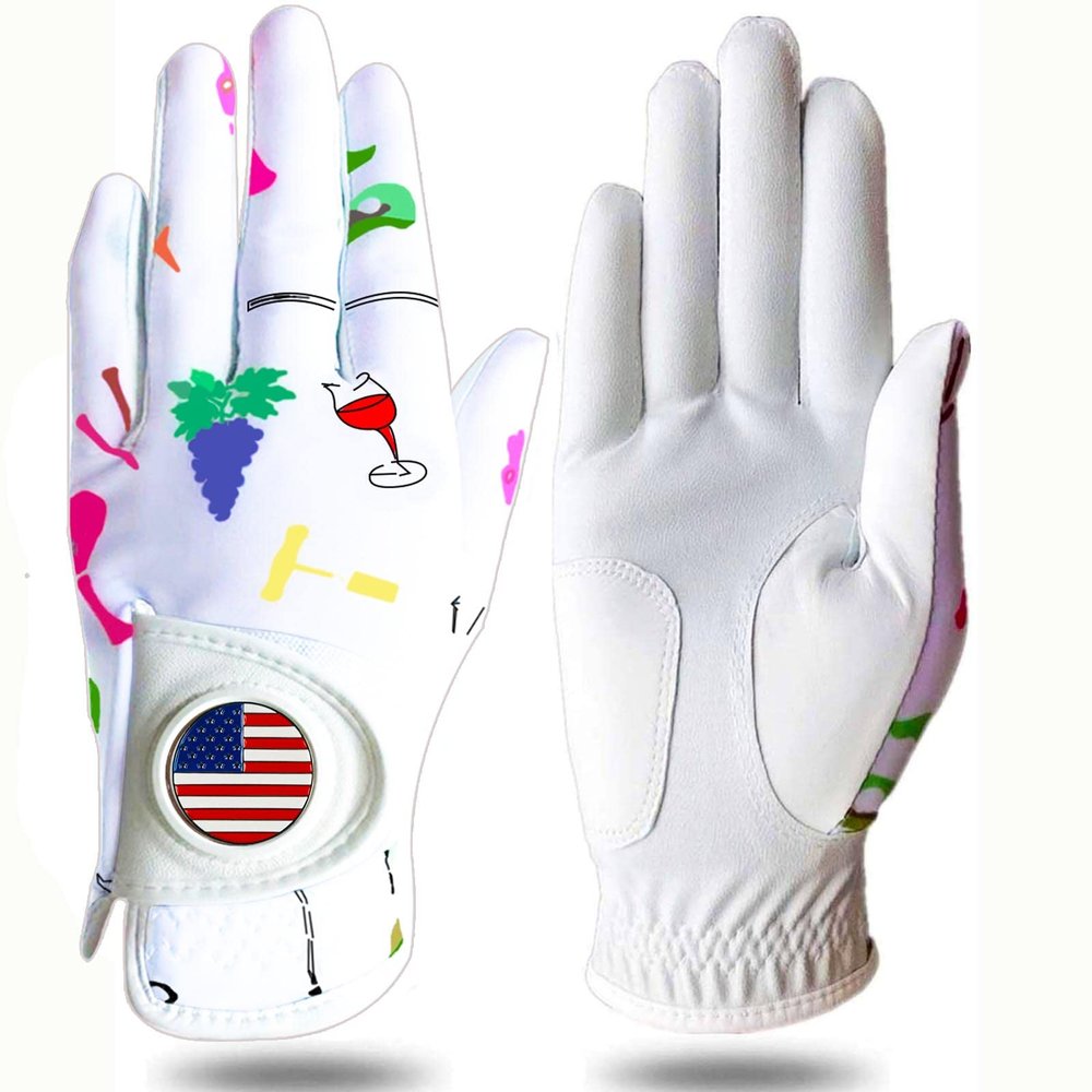 Amy Sport Womens Golf Glove with Ball Marker Left Right Hand Ladies Golf Gloves All Weather Grip Breathable Size XS S M L XL (Wine&Golf, Medium-Worn on Right Hand)