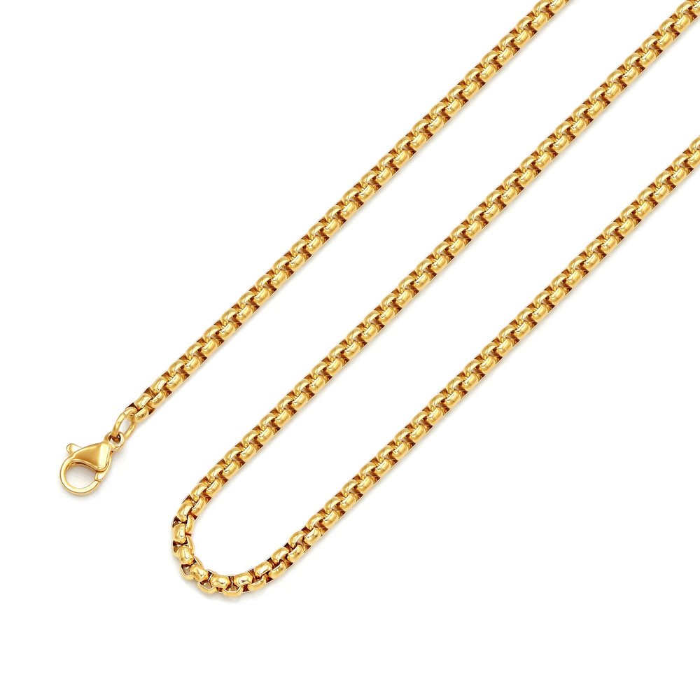 Sunique 3 MM 18K Real Gold Plated Square Rolo Chain Stainless Steel Round Box Chain Necklace Men Women Jewelry 22 Inches