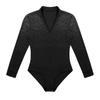 YiZYiF Men's Sequins V Neck Dance Shirts Unitard Ballroom Modern Latin Long Sleeve Dancewear Zip Front Black Large view 4