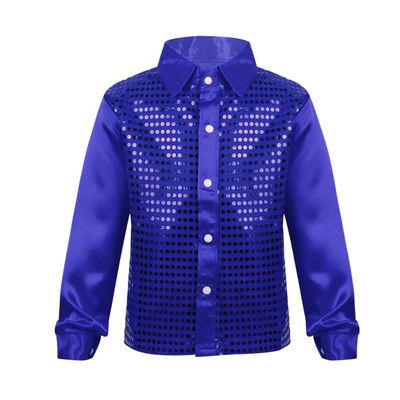 JEATHA Kids Boys Shiny Sequins Lapel Long Sleeve Hip Hop Jazz Latin Dance Shirts Stage Performance Costume Blue 7-8